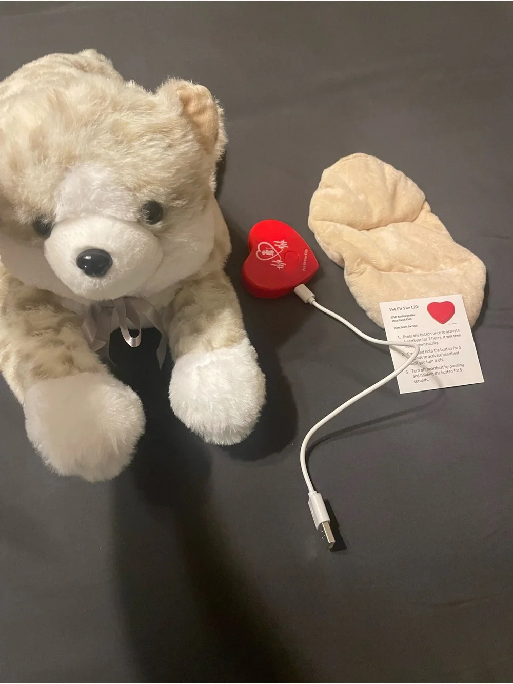 Cat with Beanbag Warmer & Red USB Rechargeable Heartbeat Comfort Unit for Pets